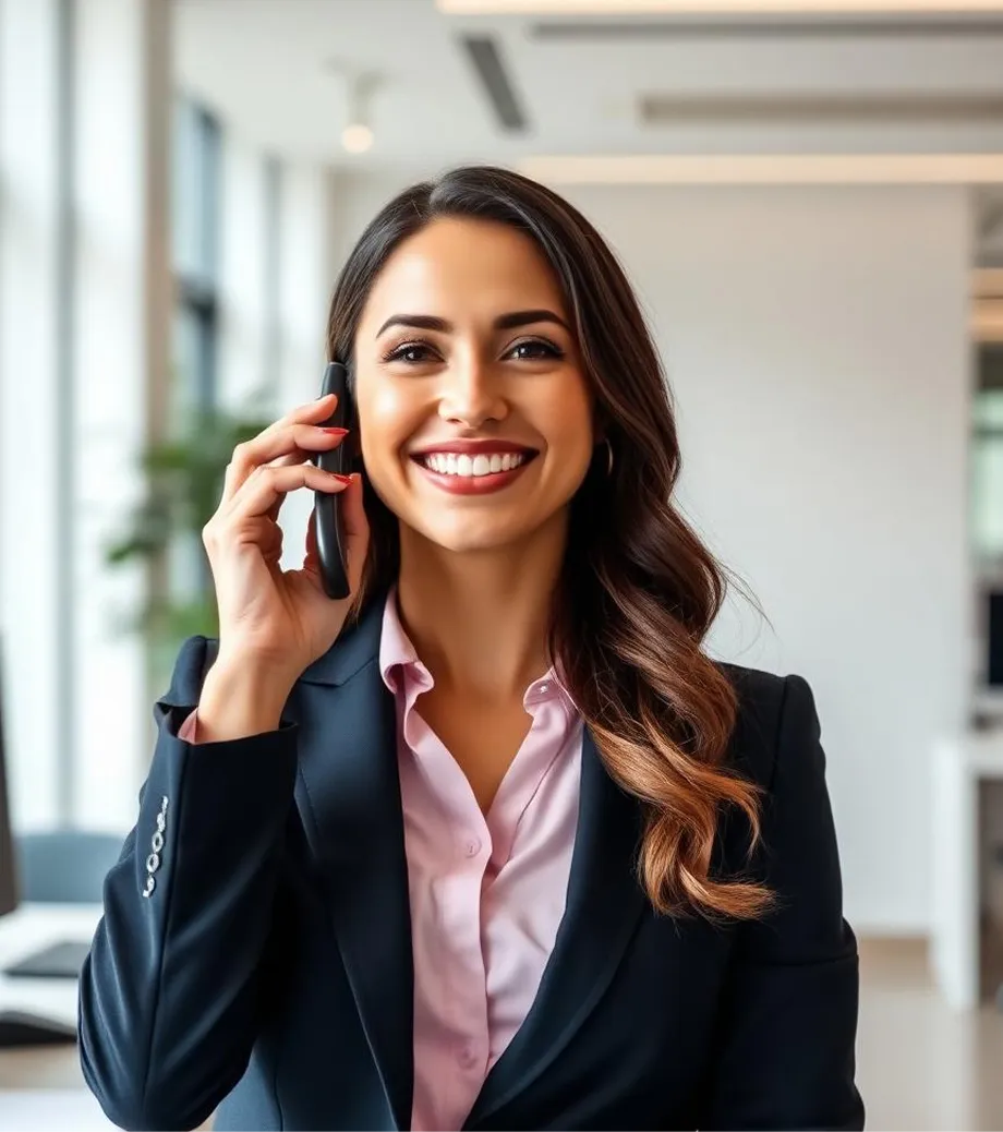 Smiling woman wearing a headset and a white shirt in a call center with a male colleague in the background.