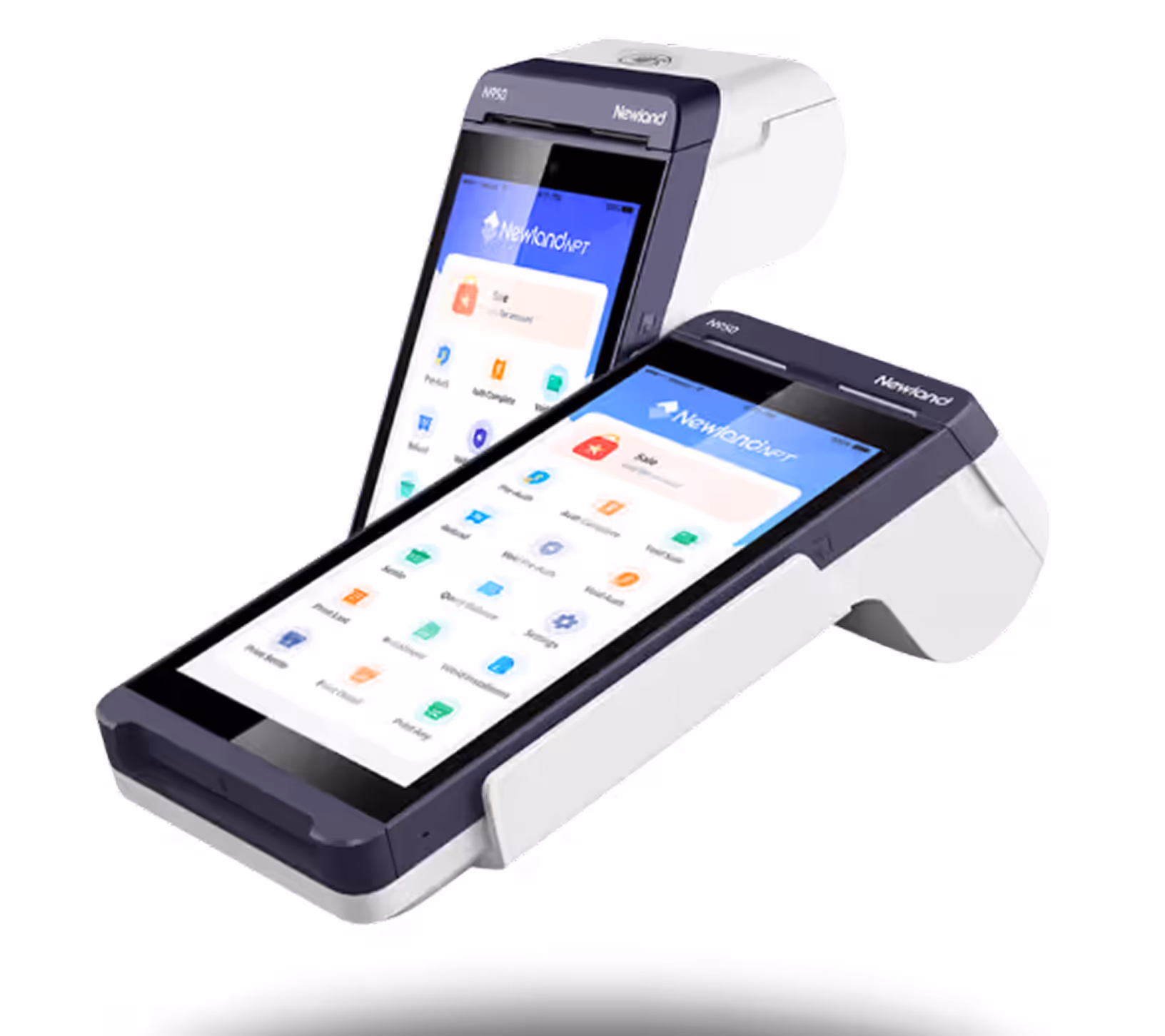 Two Newland N950 handheld point-of-sale terminals with colorful app icons on their digital touchscreens.