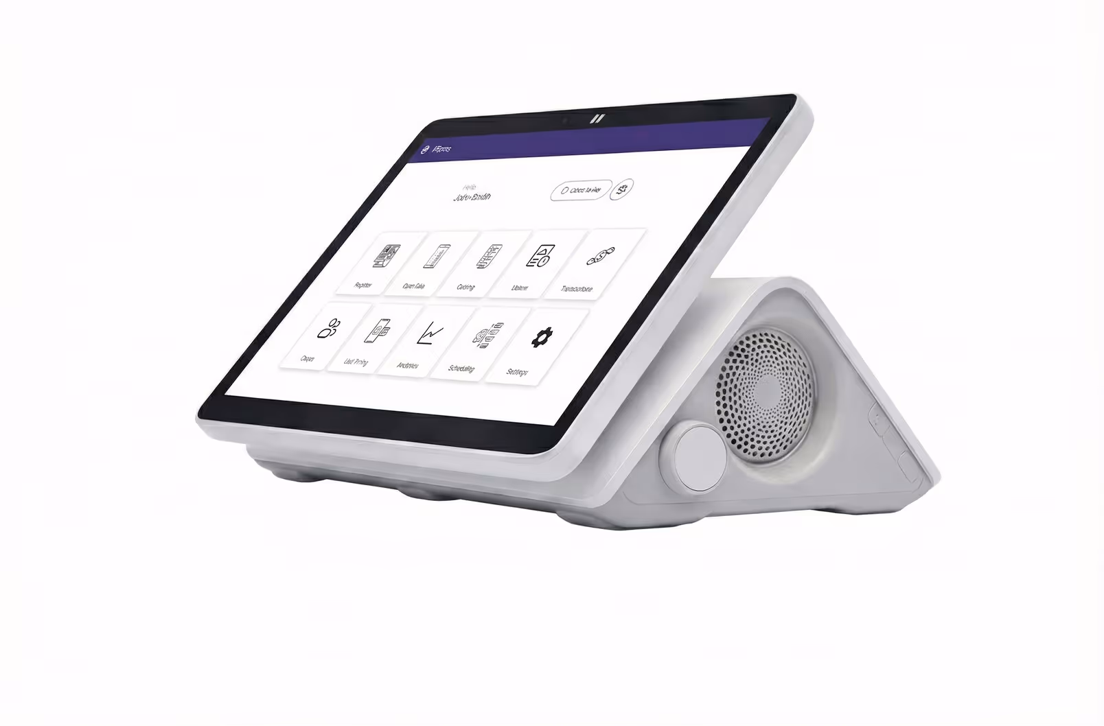 White smart device with a touchscreen displaying app icons, built-in speaker, and a large control knob.