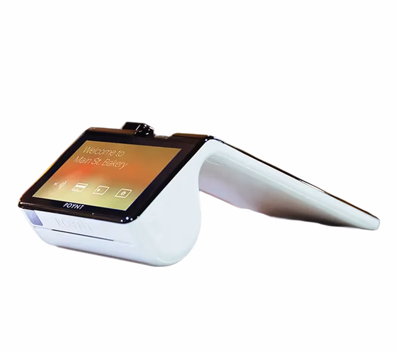 White handheld Poynt payment terminal with touchscreen displaying welcome message for Main St. Bakery.