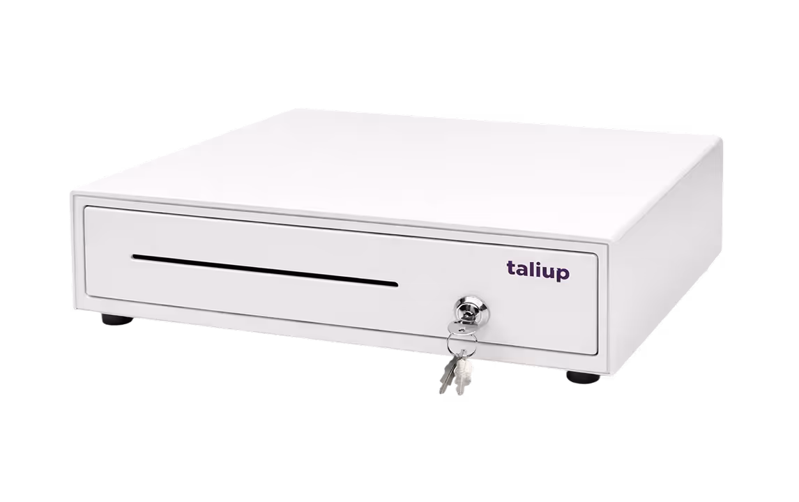 White cash drawer with a key inserted in the lock and the brand name Taliup on the front panel.