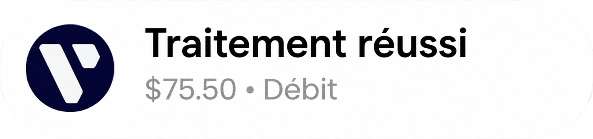 Notification showing a successful debit transaction of $75.50 with a blue and white logo.