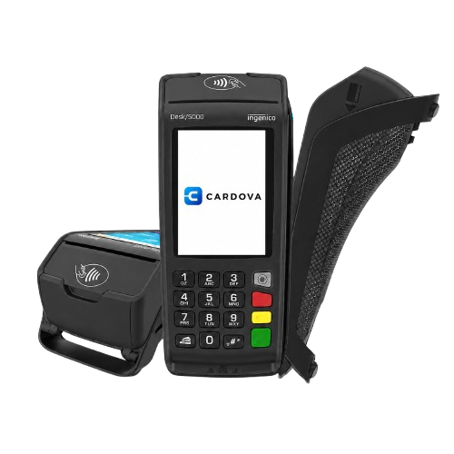 Black card payment terminal with keypad and screen displaying the CARDIUM logo, alongside a portable card reader.