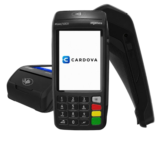 Black payment terminal with a keypad and touchscreen displaying the word 'CARDIUM'.