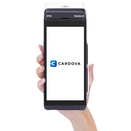 Handheld point-of-sale terminal device with a touchscreen showing a user interface featuring options like Register, Open Sale, Catalog, Orders, Transactions, Clients, Link To Pay, Analytics, and Scheduling.