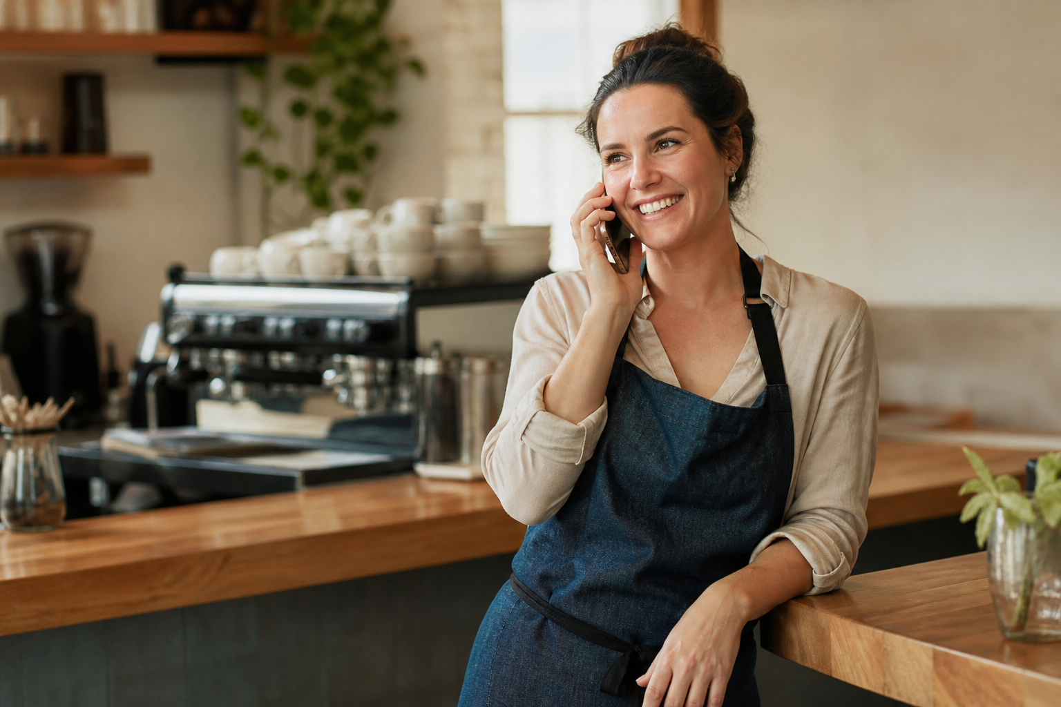 Commerçante dans un café, au téléphone et souriante.