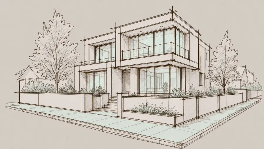 Skizze eines modernen Eckhauses mit großen Fenstern, Balkon, Zaun und Bäumen an der Straße.