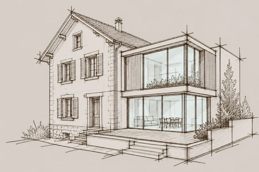 Architekturzeichnung eines traditionellen Hauses mit modernem, verglastem Anbau.