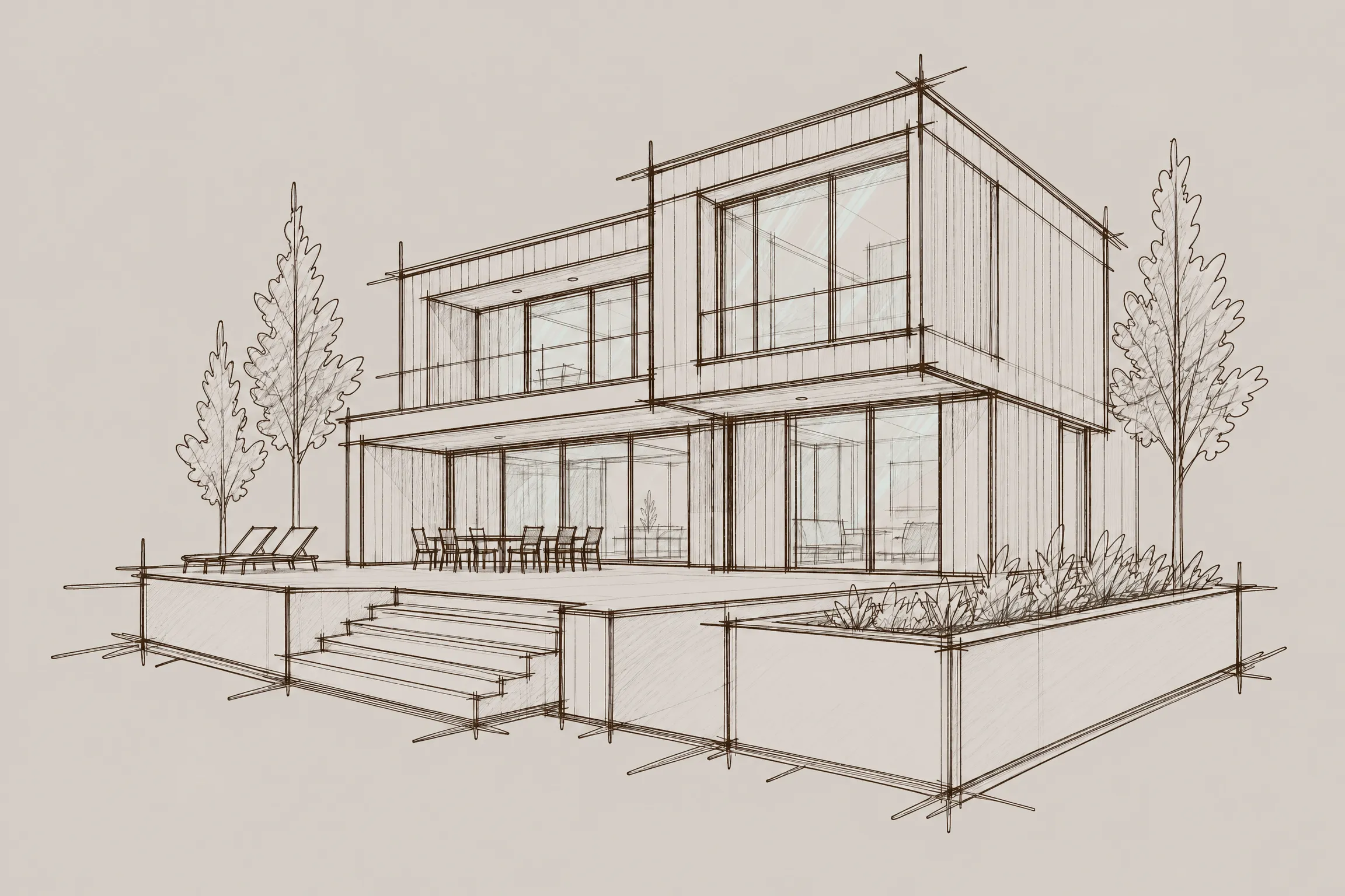 Architektonische Skizze eines modernen zweistöckigen Hauses mit großen Fenstern und Terrasse.