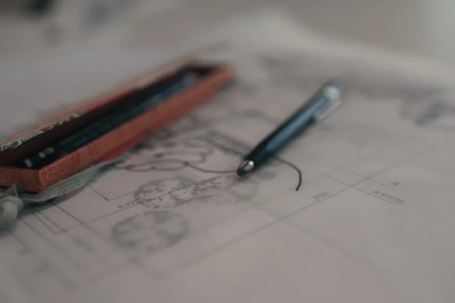 Stift liegt auf einem Bauplan mit Zeichenstiftkasten daneben.
