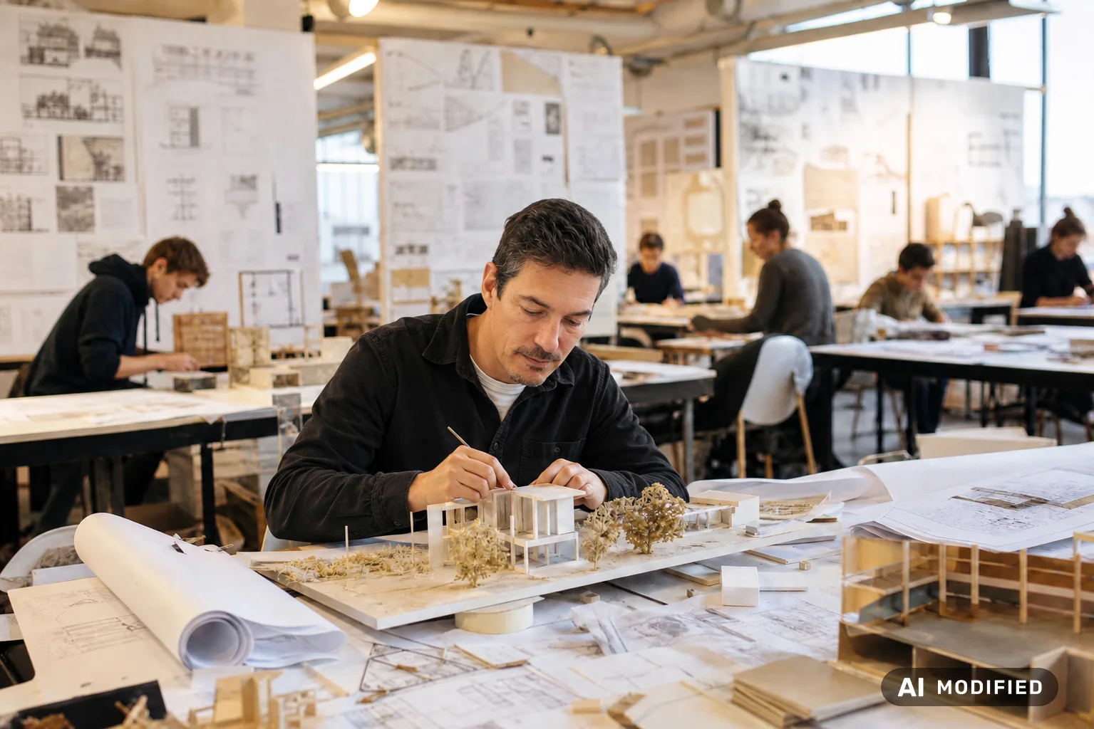 Mann arbeitet an Architekturmodell mit Plänen und Skizzen in einem Atelier mit anderen Personen.