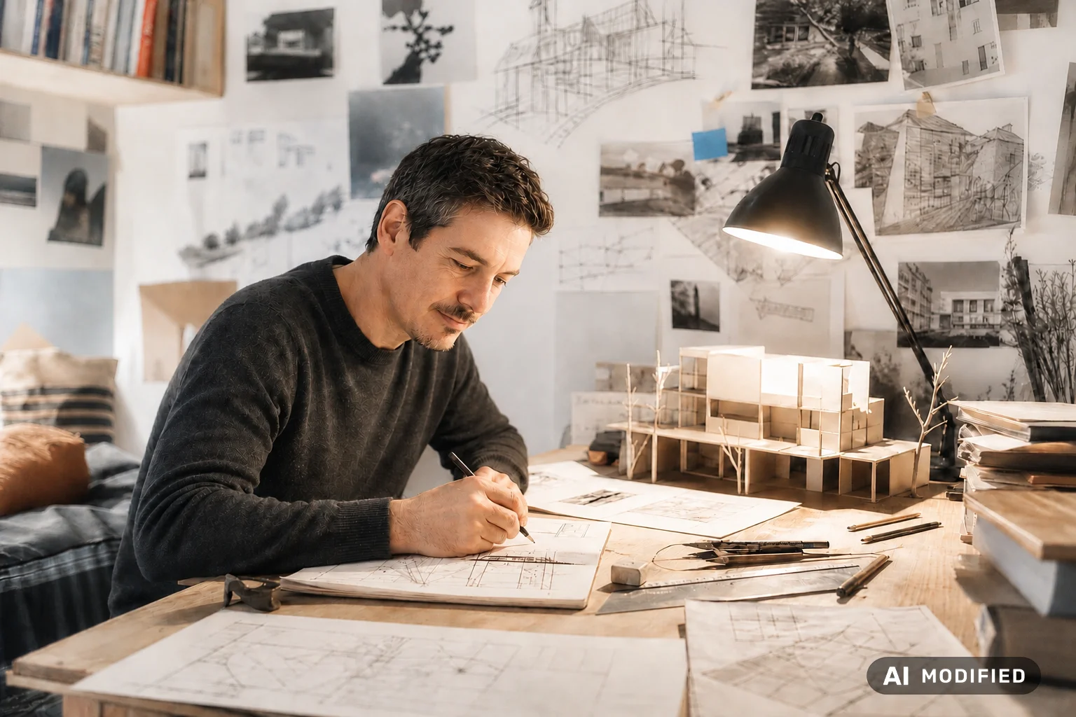 Architekt zeichnet Pläne an Tisch mit Modell, umgeben von Bauzeichnungen an Wand.