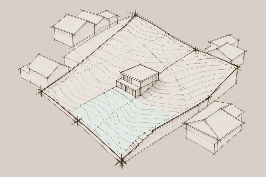 Skizze eines Grundstücks mit Hang, modernem Haus in der Mitte und Nachbarhäusern außen herum.