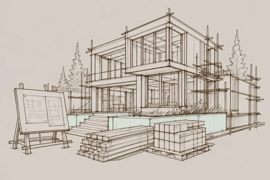 Architekturplan für ein modernes Haus mit Baustoffen und Bauzeichnungen im Freien.