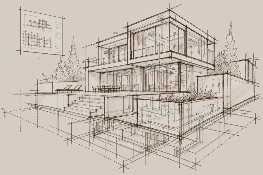 Skizze eines modernen Hauses mit mehreren Stockwerken und umgebendem Gartenbereich.