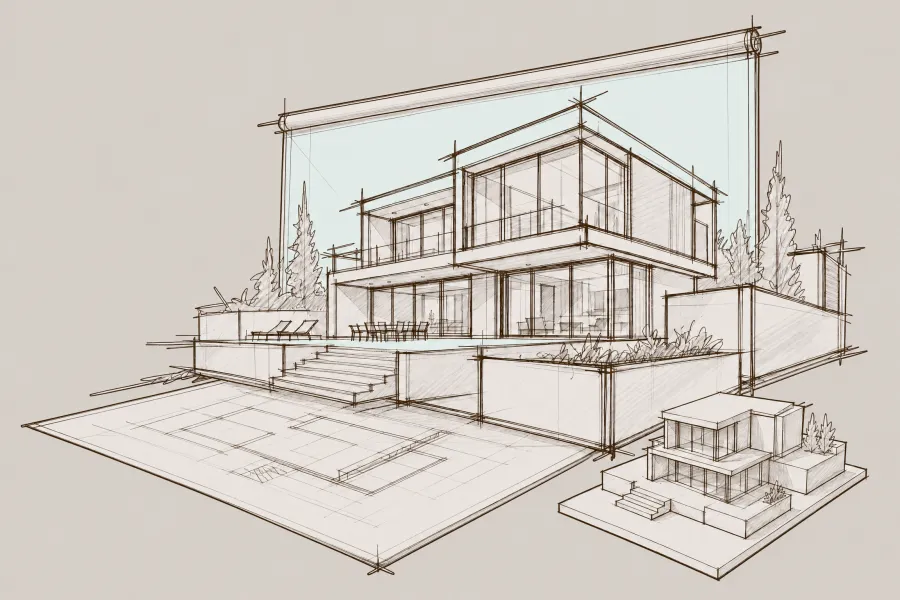 Skizze eines modernen zweistöckigen Hauses mit Terrasse, Treppe und Gartenanlagen.