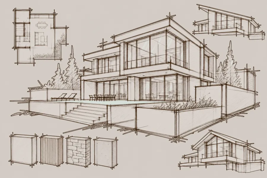 Skizze eines modernen zweistöckigen Hauses mit Outdoor-Terrasse, Grundriss und Baumaterialien.