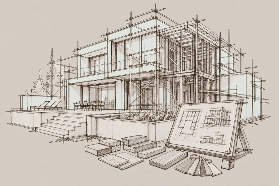 Architektonische Skizze eines modernen Hauses mit Gerüst und Bauplänen im Vordergrund.
