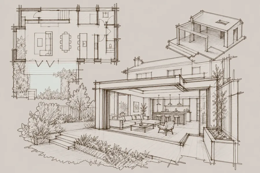 Architekturzeichnung zeigt Grundriss, 3D-Modell und Innenansicht eines modernen Wohnraums mit Garten.