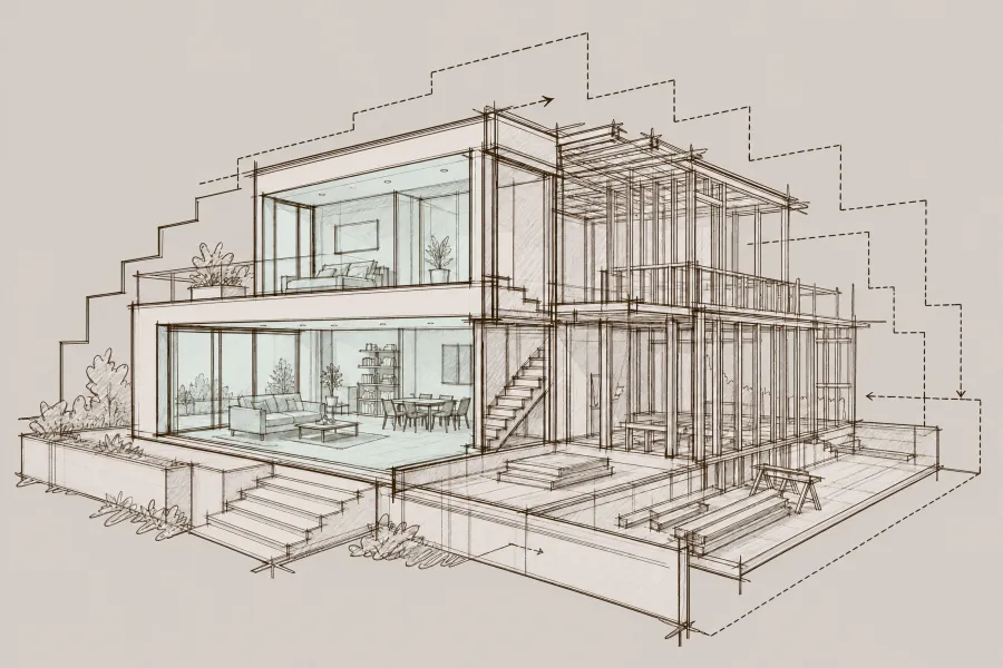 Skizze eines modernen zweistöckigen Hauses mit großen Fenstern und Terrassen, teilweise transparent dargestellt.