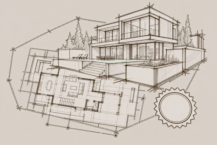 Moderner architektonischer Entwurf eines Hauses mit Grundriss und Gartenanlagen.
