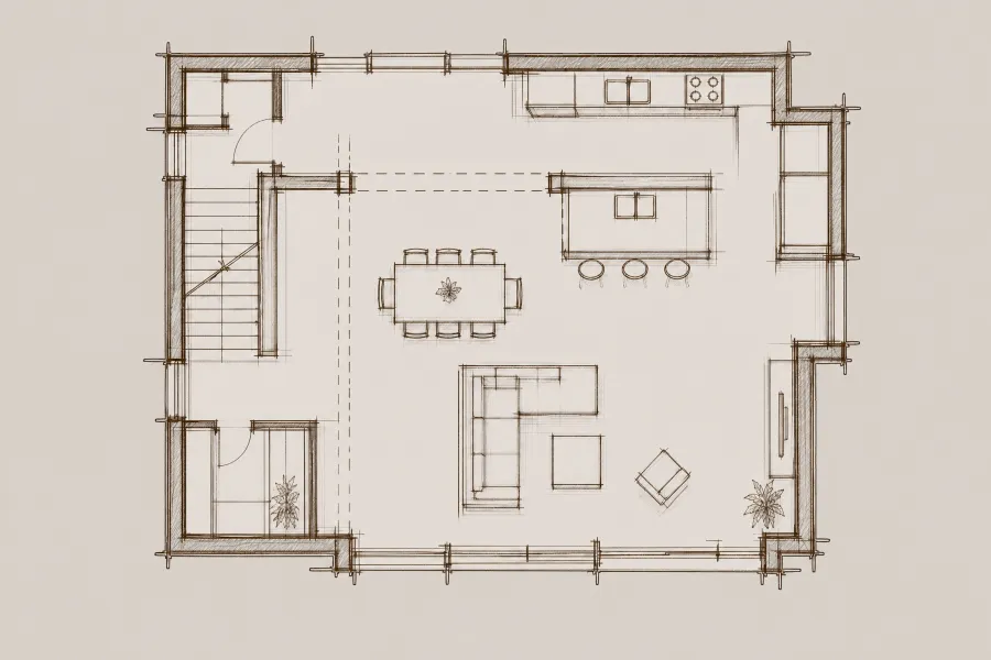 Skizze eines offenen Erdgeschossgrundrisses mit Küche, Essbereich, Wohnzimmer und Treppe.