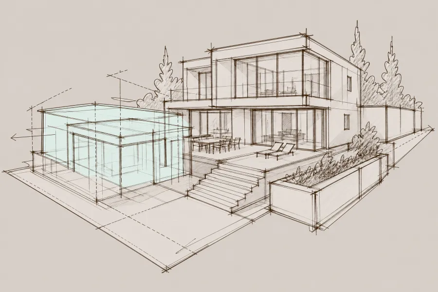 Skizze eines modernen zweistöckigen Hauses mit Terrasse, Garten und Nebengebäude.