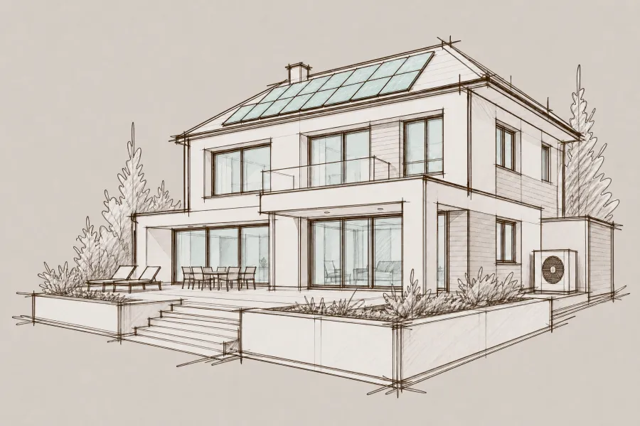 Skizze eines modernen zweistöckigen Hauses mit Solarzellen auf dem Dach und Terrasse mit Möbeln.