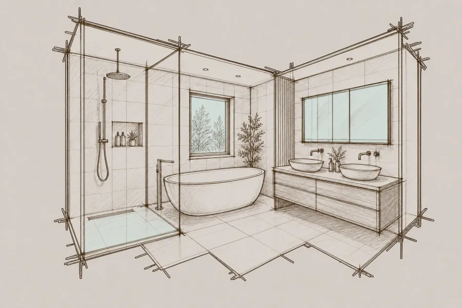 Skizze eines modernen Badezimmers mit freistehender Badewanne, Dusche und Doppelwaschbecken.