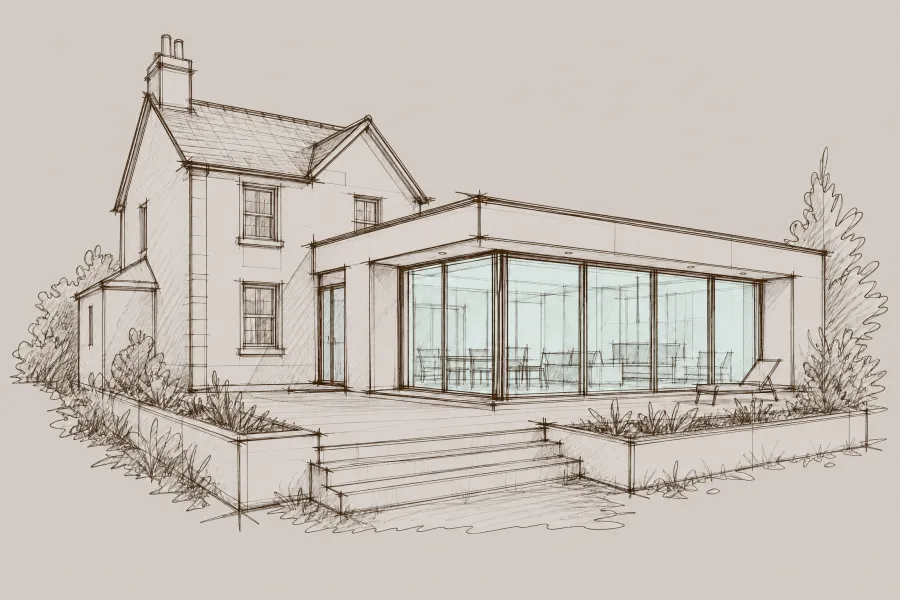 Architektur-Skizze eines traditionellen Hauses mit modernem Anbau mit grossen Glasfenstern und Terrasse.