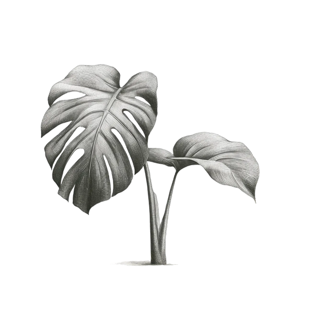 Grayscale illustration of a monstera plant with two large leaves