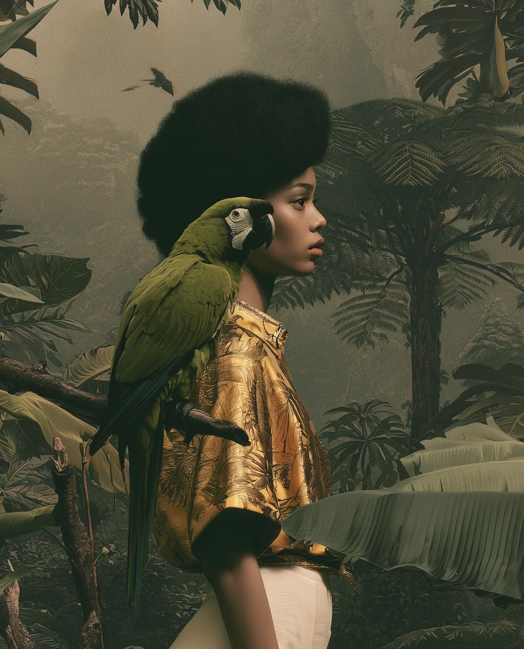 Portrait of a woman with a parrot on her shoulder in a jungle setting