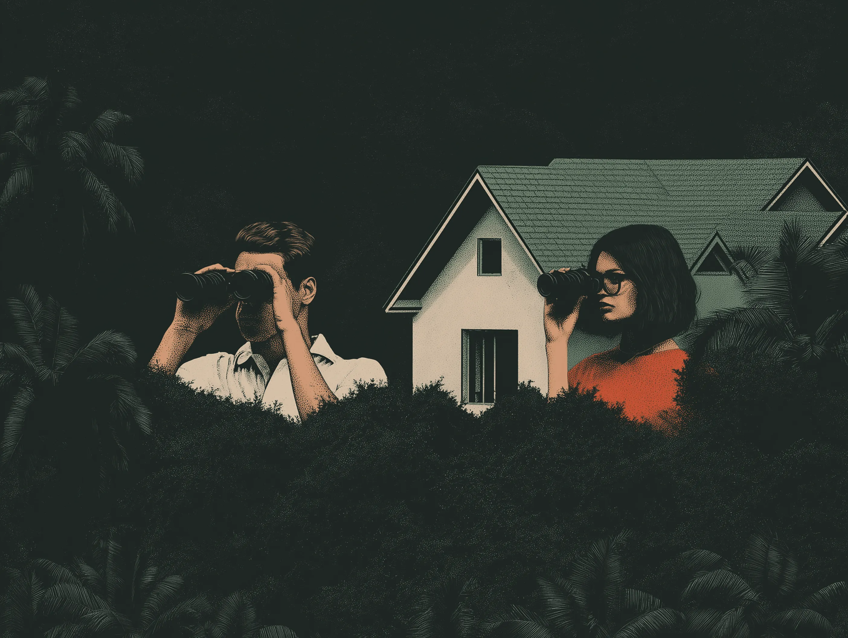 Illustrated collage of a man and woman peering through binoculars from bushes with a house behind them