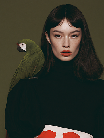 Portrait of a woman with a green parrot perched on her shoulder