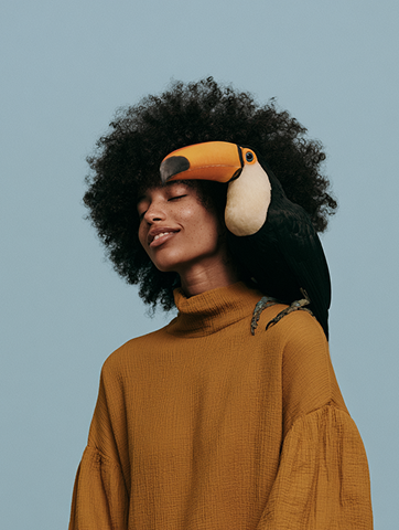 Portrait of a woman with a toucan resting against her face