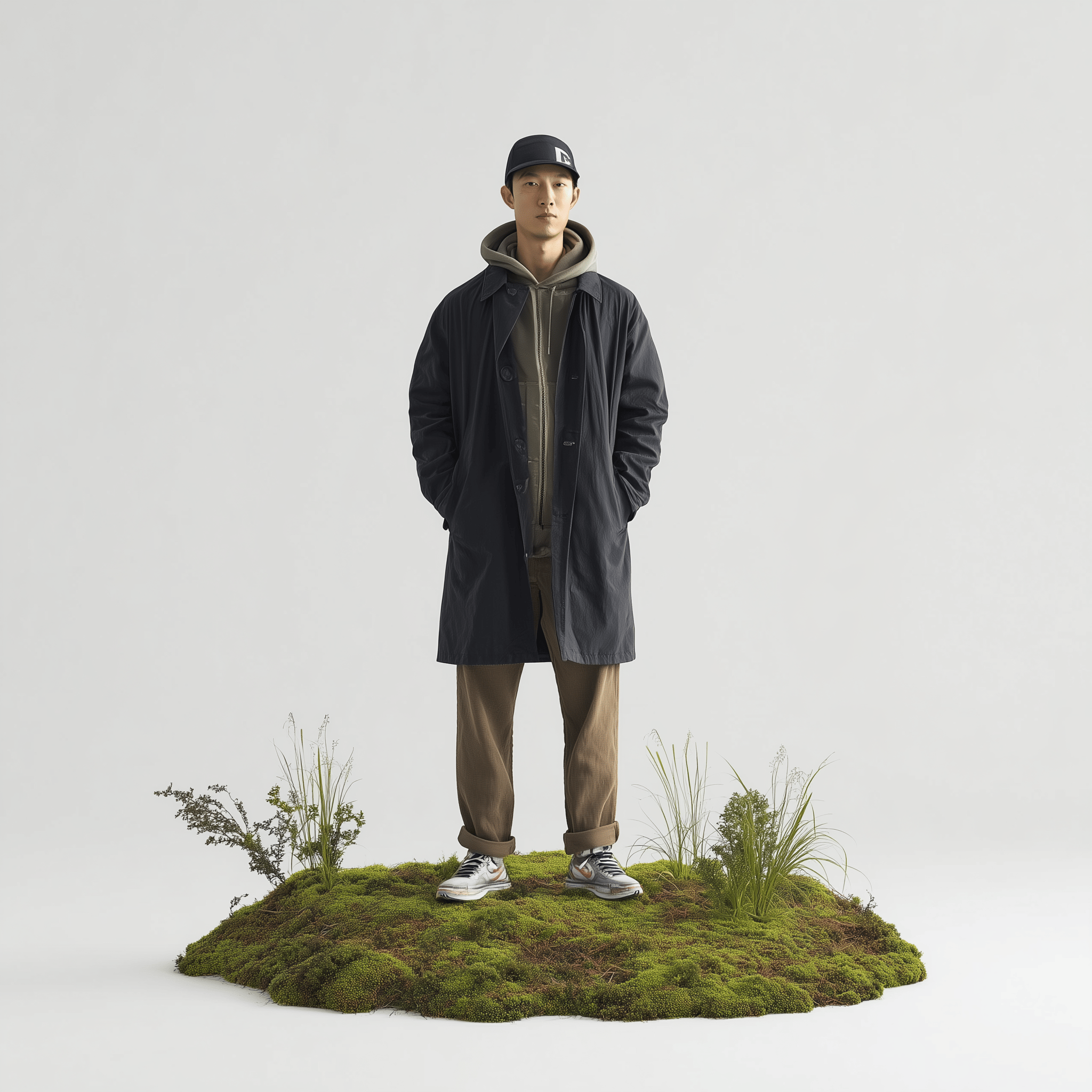 Man wearing a black coat, hoodie, and cap standing on a patch of green moss with plants.