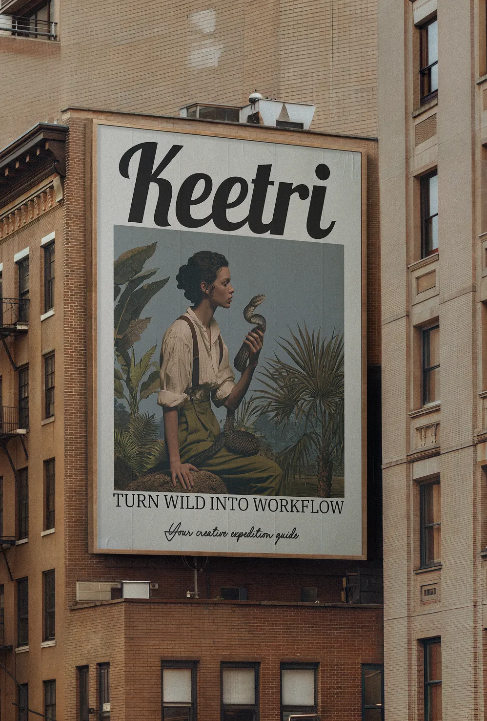 Keetri billboard on a city building reading 'Turn Wild Into Workflow' featuring the woman-and-snake illustration