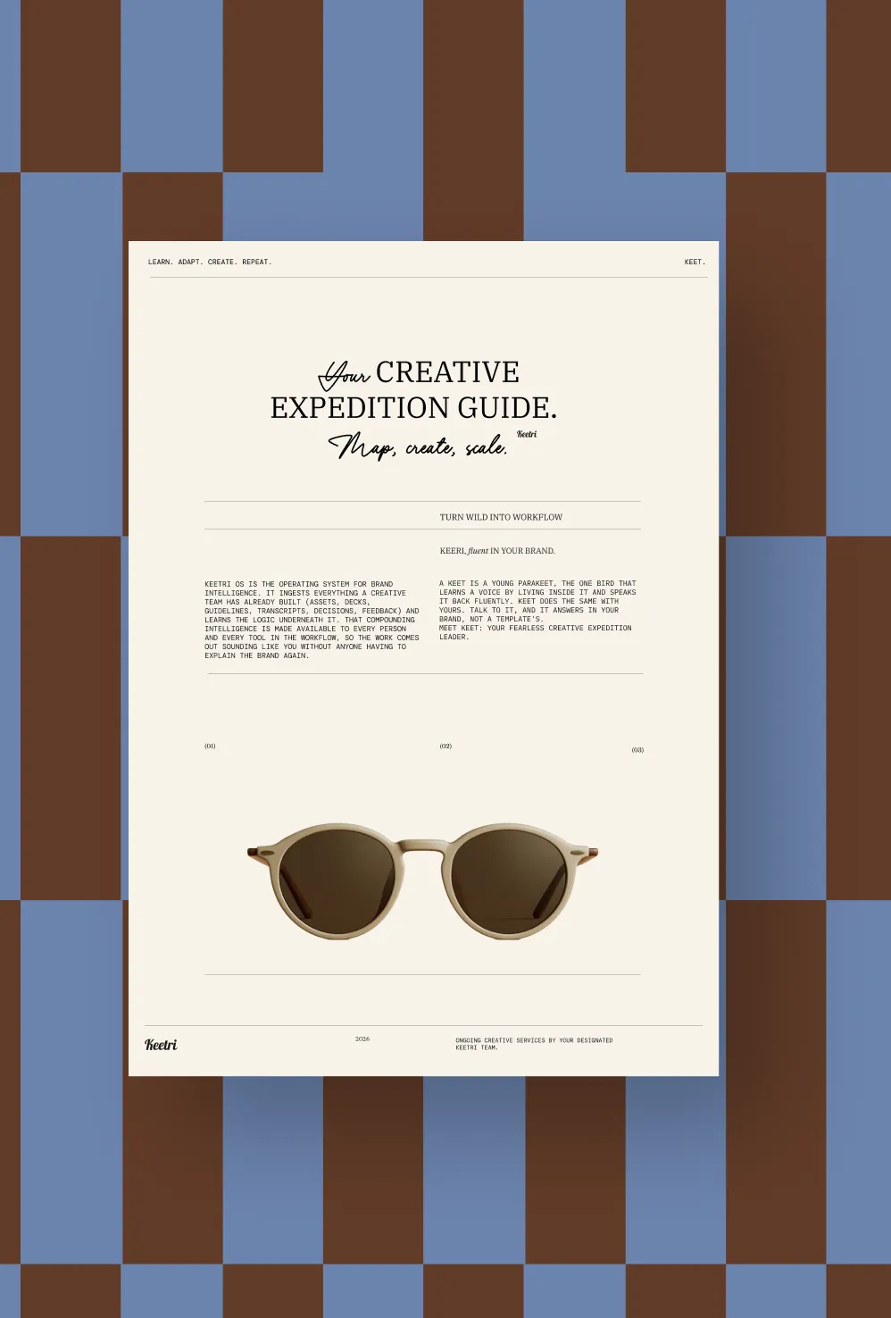 Keetri print catalog page titled 'Your Creative Expedition Guide' featuring an illustration of sunglasses