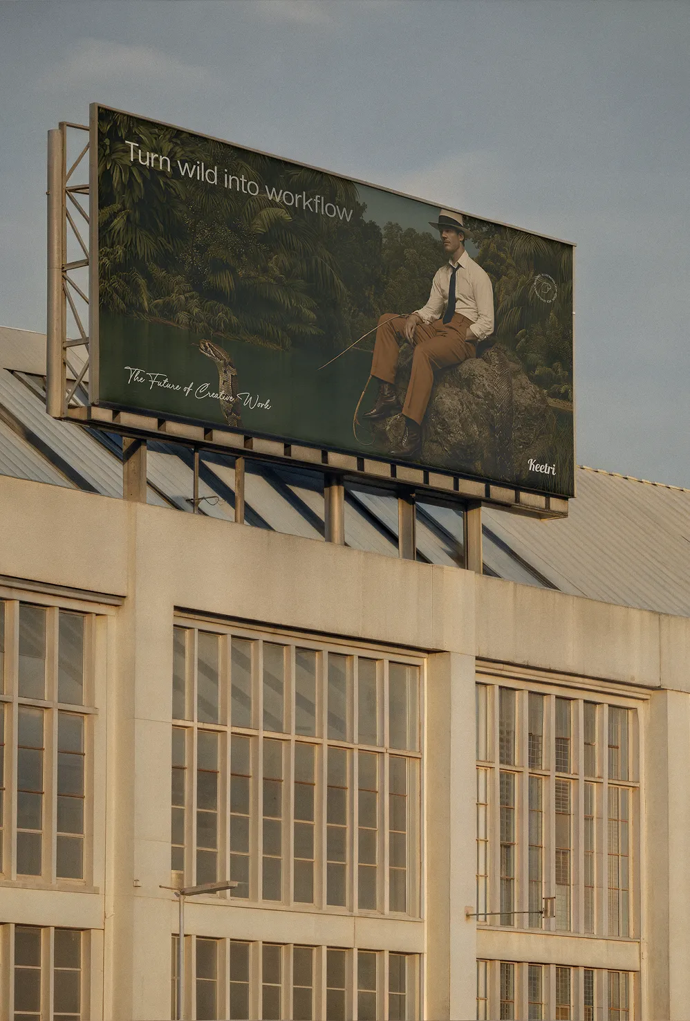 Billboard advertisement for Keetri reading 'Turn wild into workflow' above a rooftop