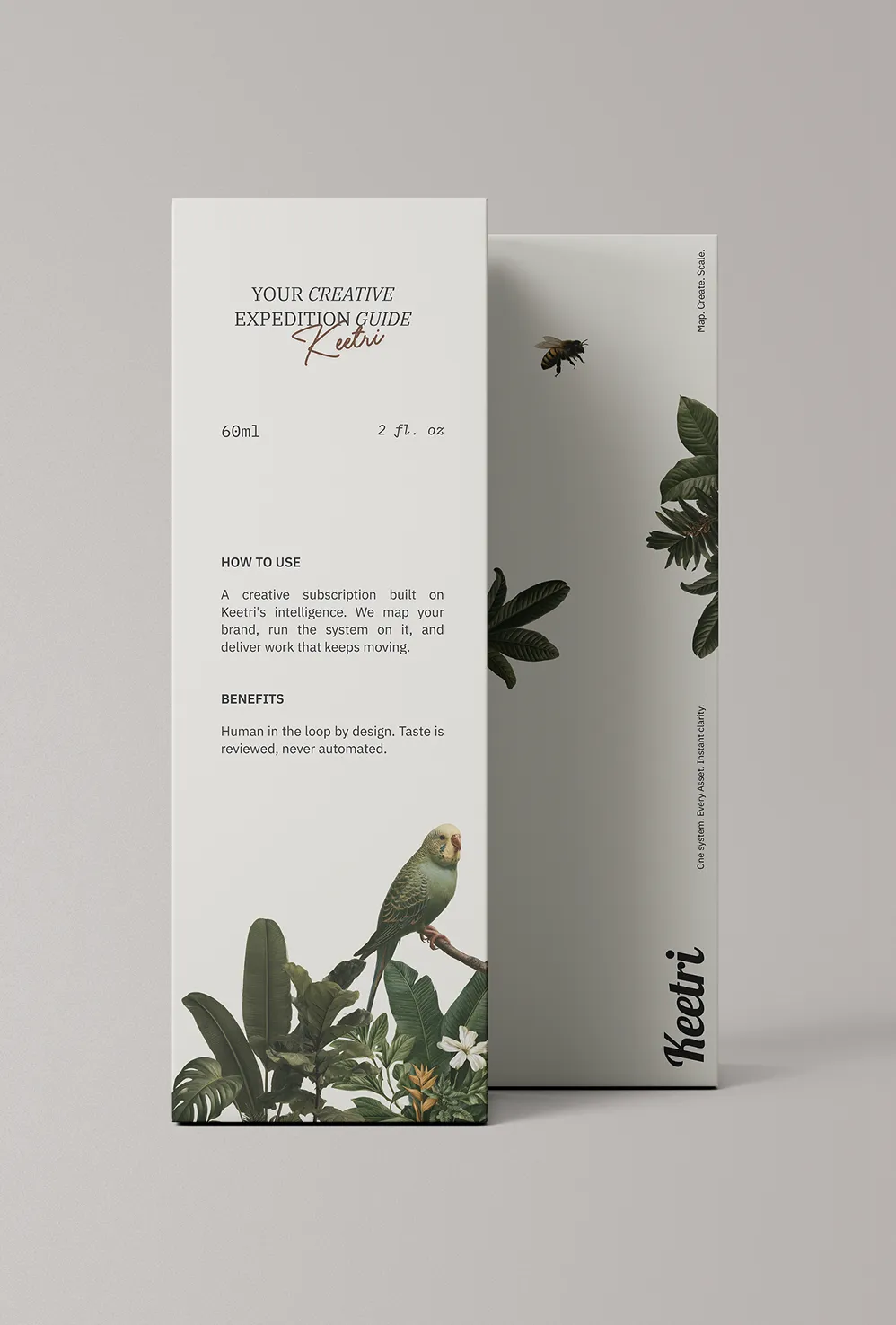 Keetri product packaging mockup labeled 'Your Creative Expedition Guide' with botanical and parakeet illustrations