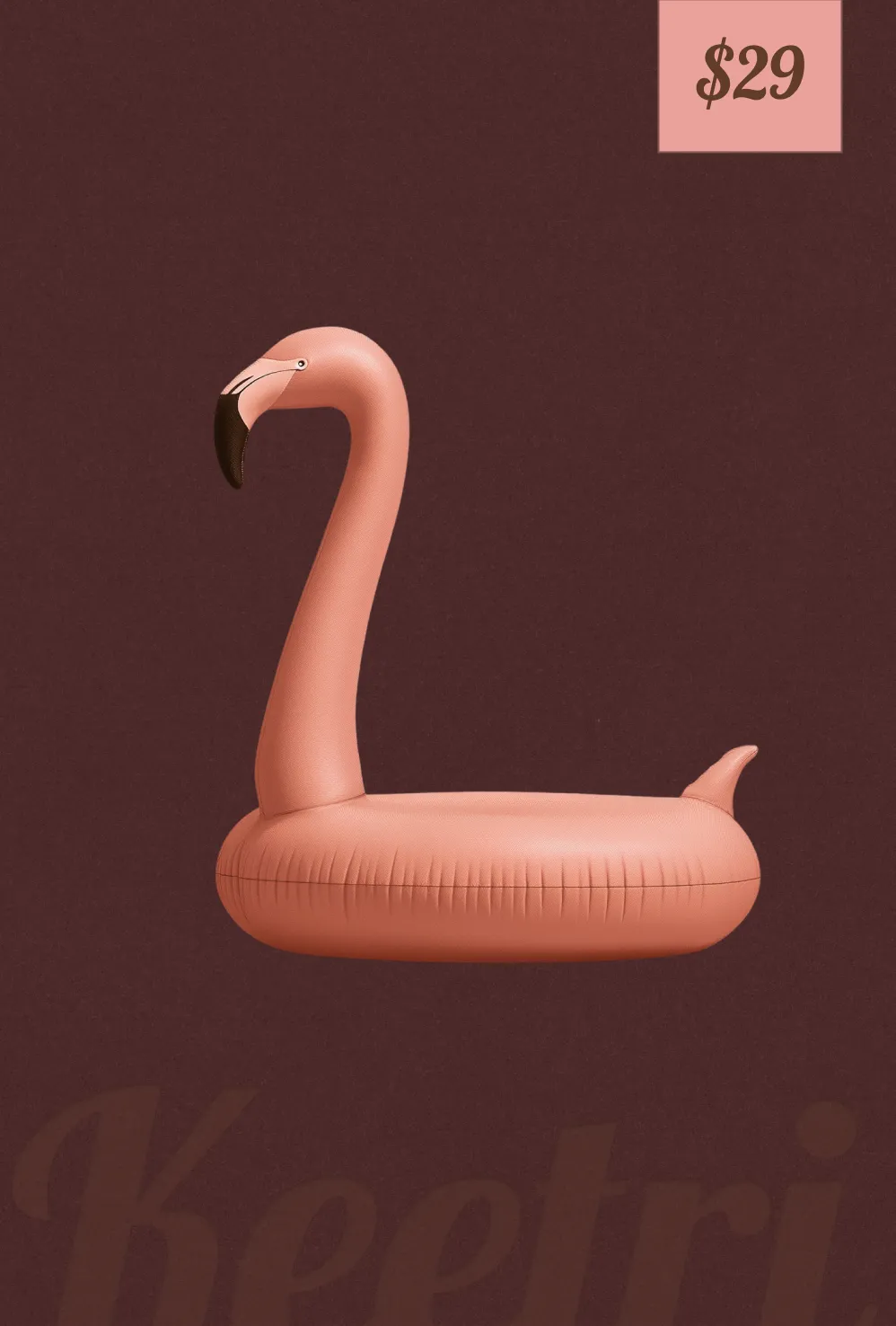 Product ad mockup of an inflatable flamingo pool float priced at $29 with a Keetri watermark