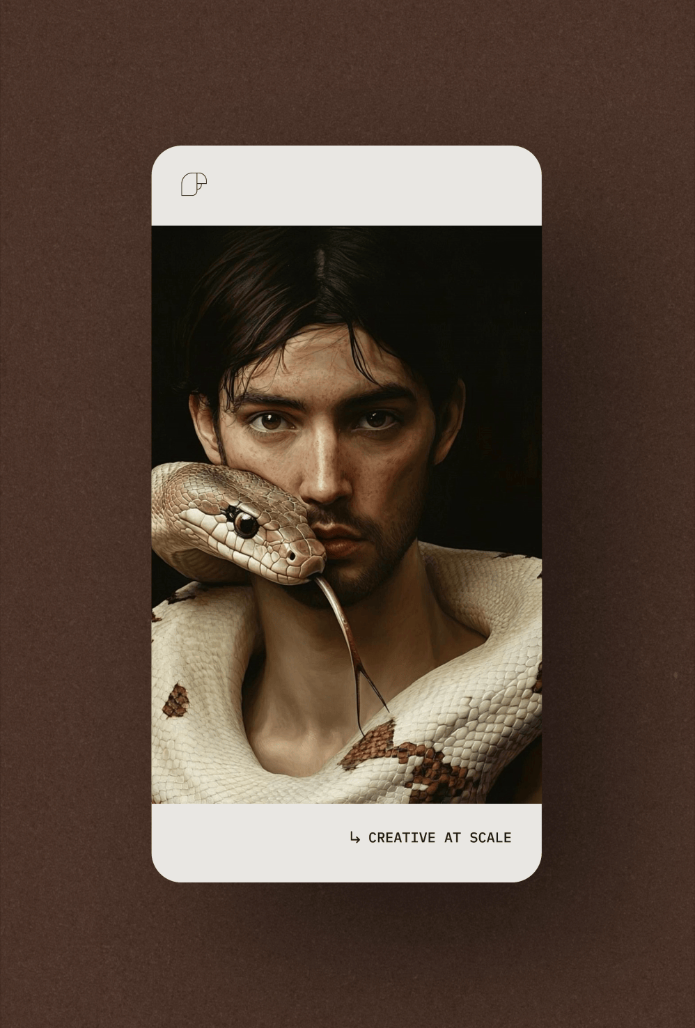 Portrait of a man with dark hair and intense eyes partially wrapped in a large white and brown snake, whose head rests near the man's cheek with its forked tongue extended.