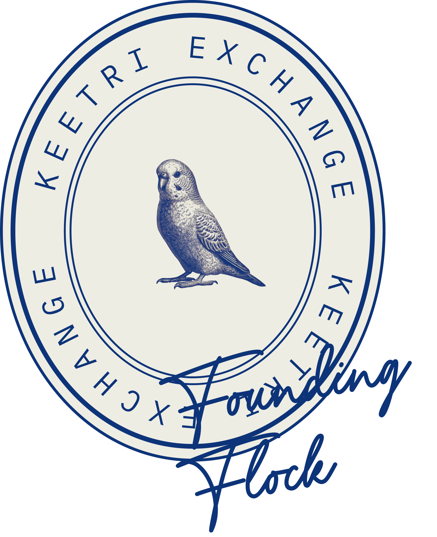 Keetri Exchange 'Founding Flock' badge featuring a bird illustration in a vintage circular seal design