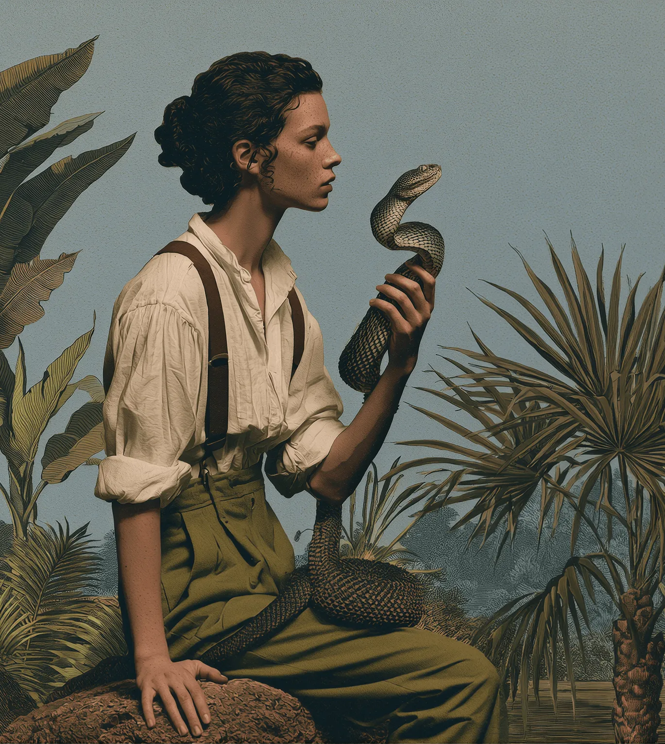 Illustration of a woman in vintage explorer attire holding a snake, surrounded by jungle foliage