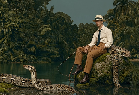 A man wearing a white shirt, brown pants, and a hat is sitting on a moss-covered rock by a body of water surrounded by dense tropical foliage. A large brown and black patterned python snake is coiled on the rock and extends into the water near the man, while another part of the snake is slithering on the water surface in front of the rock.
