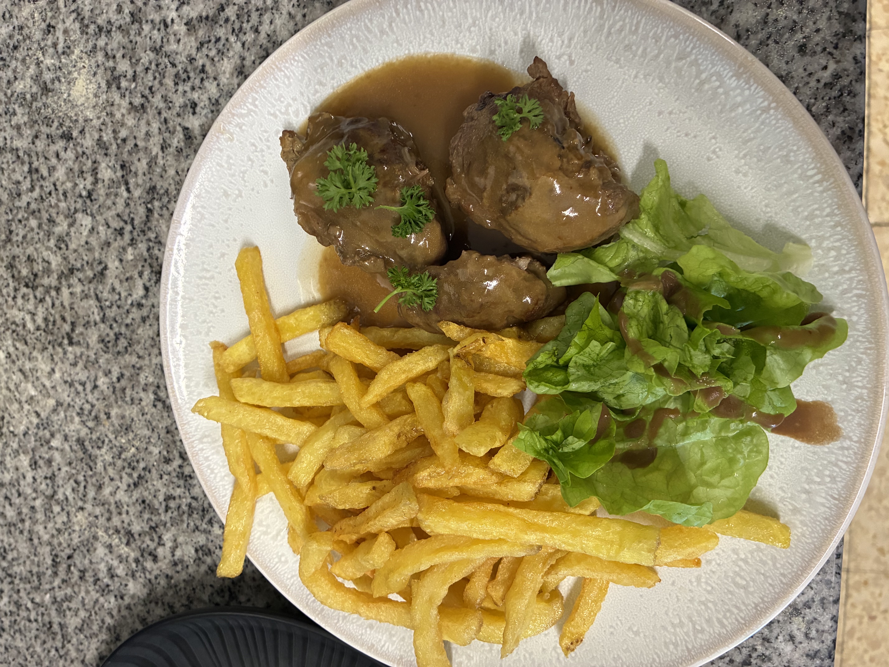Plat avec frites et salade servi au 28