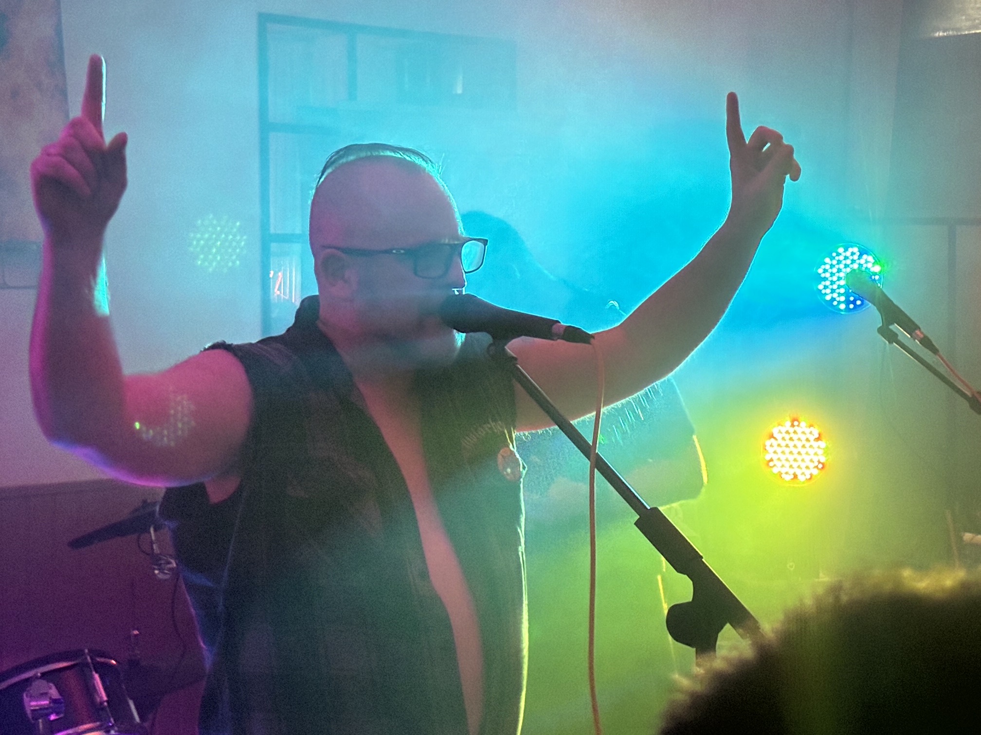 Musicien au micro lors d’un concert au 28