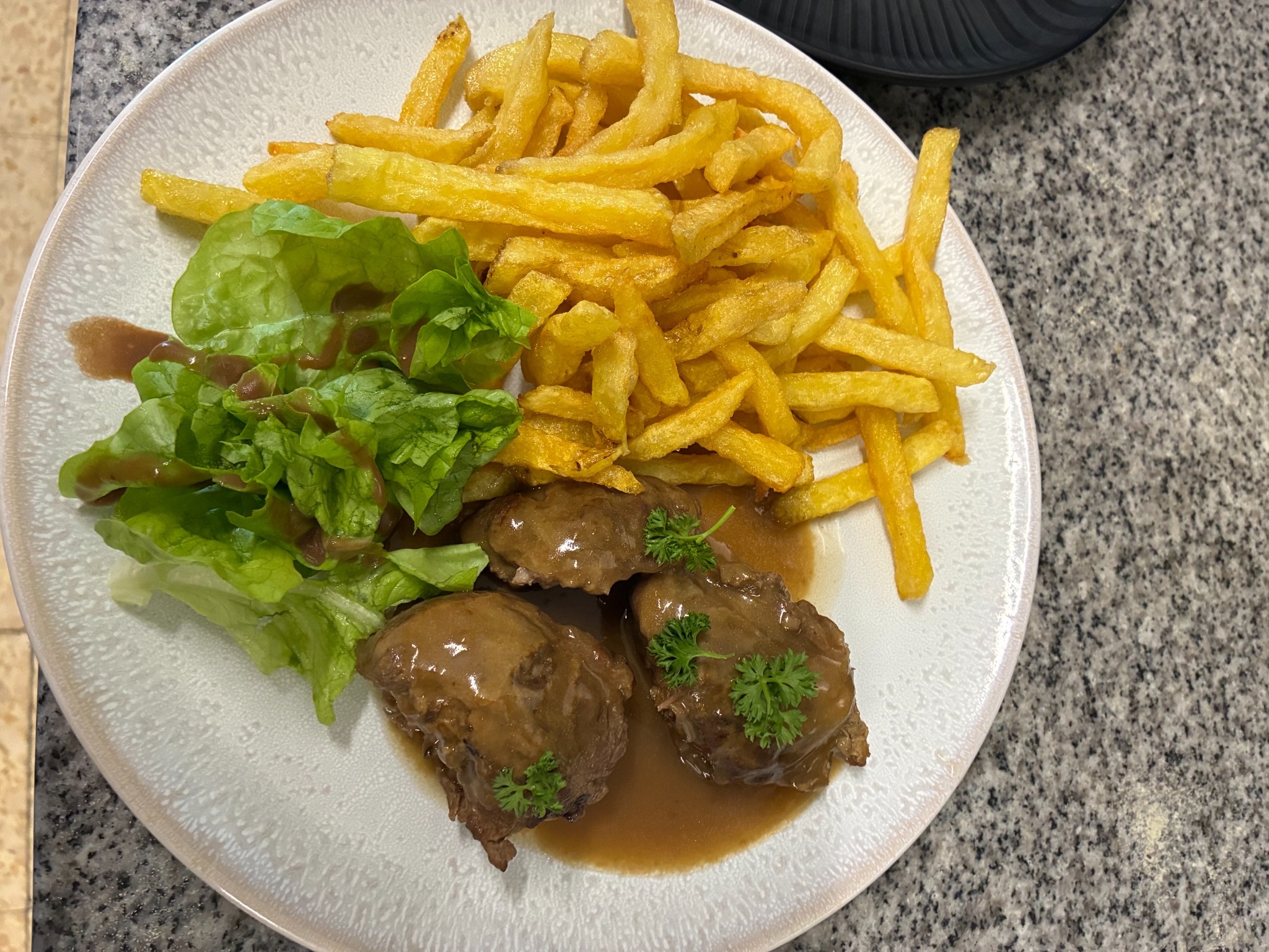 Plat avec frites et salade servi au 28