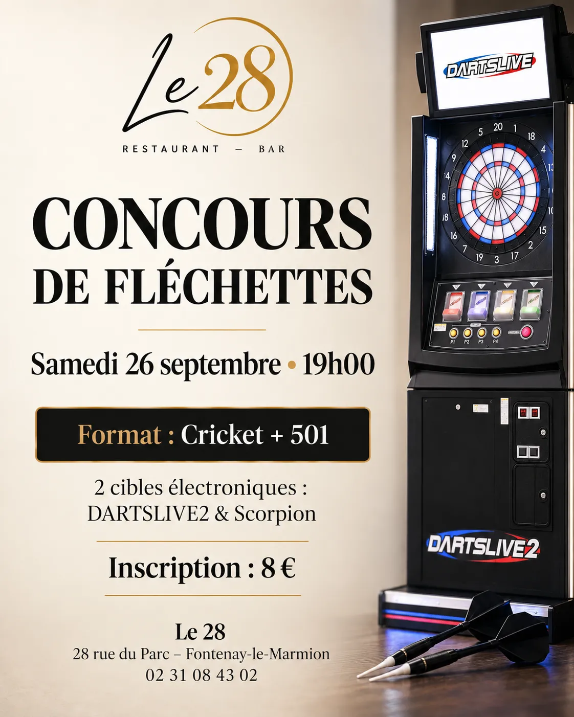 Affiche du concours de fléchettes du 28, samedi 26 septembre à 19h, format Cricket + 501, DARTSLIVE2 et Scorpion, inscription 8 euros
