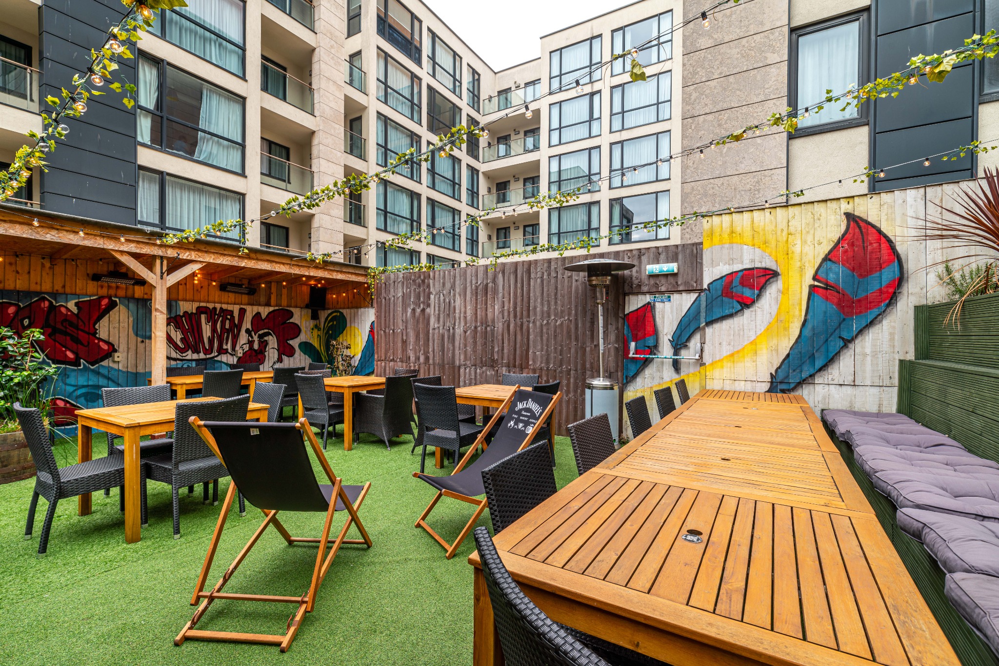 Outdoor terrace and mural at Pattersons Gradwell Street